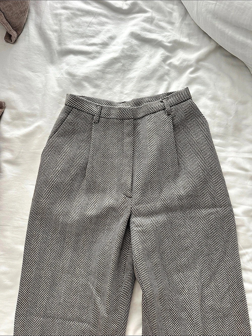 Herringbone wool Wide Leg Trousers in beige & cream